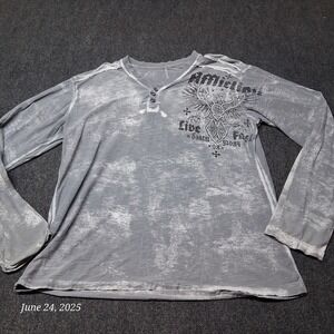 VTG Affliction Y2K Henley Shirt Lightweight Size Large Gray Double Sided